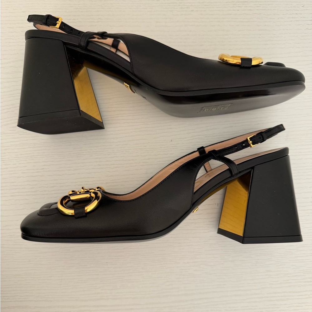GUCCI Baby Horsebit Slingback Leather Pump Black Gold EU 36 Authentic Shoes - Picture 10 of 11